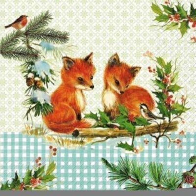 Gorgeous Christmas napkin with a woodland design featuring Fox Cubs, Robins and other Christmas nature by Swiss designer Stewo. 6 napkins in a pack. 3-ply. Size: 33x33cm. Environmentally friendly cellulose printed with water-based inks.